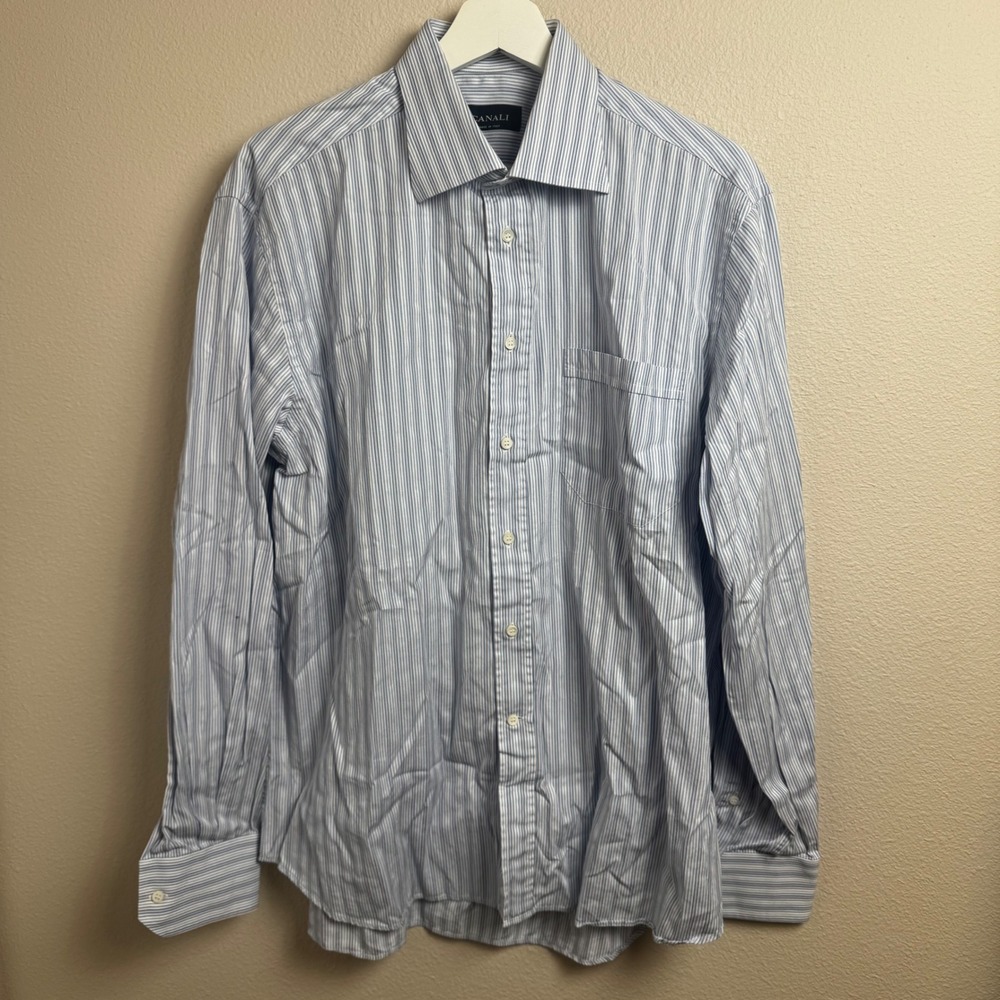 Canali Dress Shirt 17 Regular Blue White Striped Cotton Spread Collar Italy